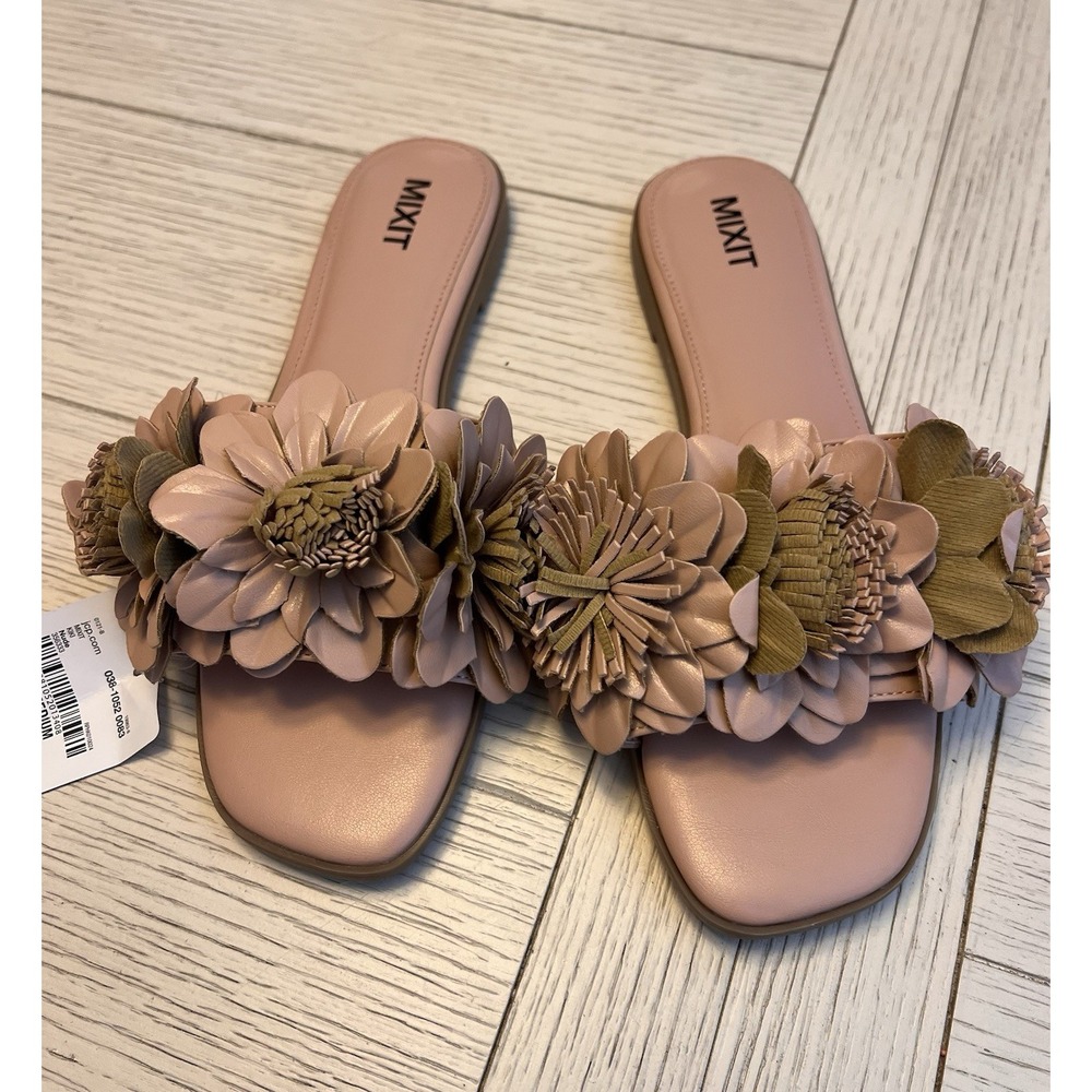 Mixit NWB Kiki Nude Slide Women's Flat Sandal W/ Flower Embellishment. Sz 8.5